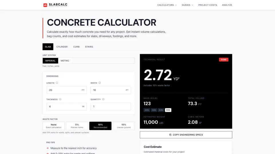 SlabCalc product screenshot 2